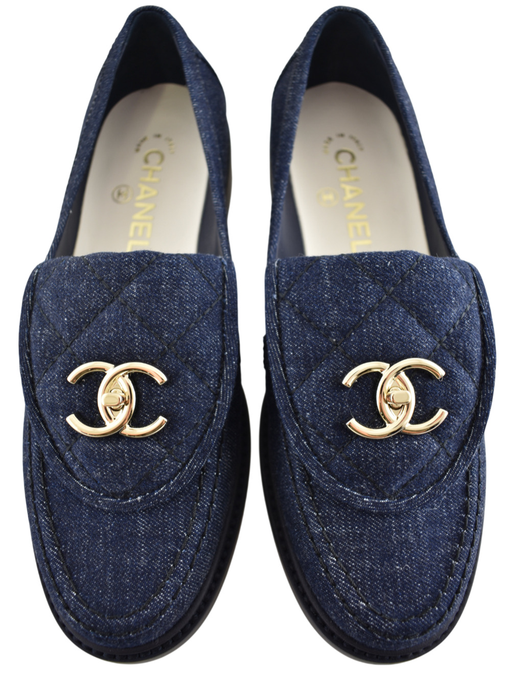 Chanel 24S Dark Blue Denim Quilted Turnlock CC Logo Moccasin Flat Loafer 38c
